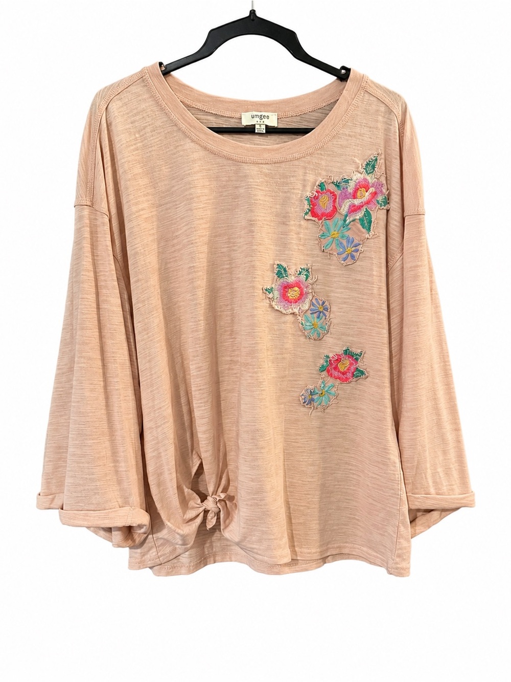 Umgee Peach Long-Sleeve Floral Embroidered Tie-Front Top